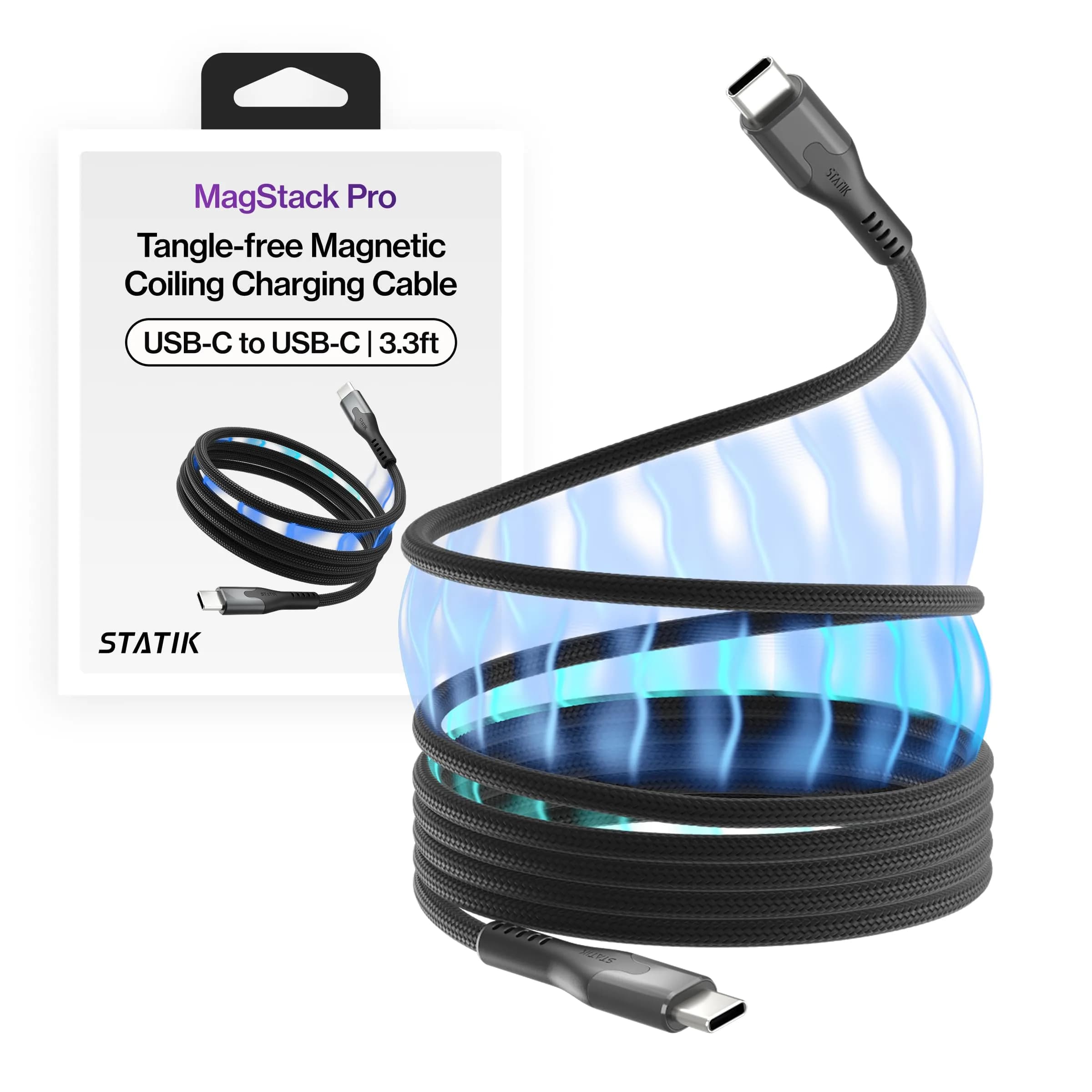 Statik MagStack Pro USB C to USB C Magnetic Charging Cable, 3ft, 100W, Tangle-Free Nylon Braided Design — Black