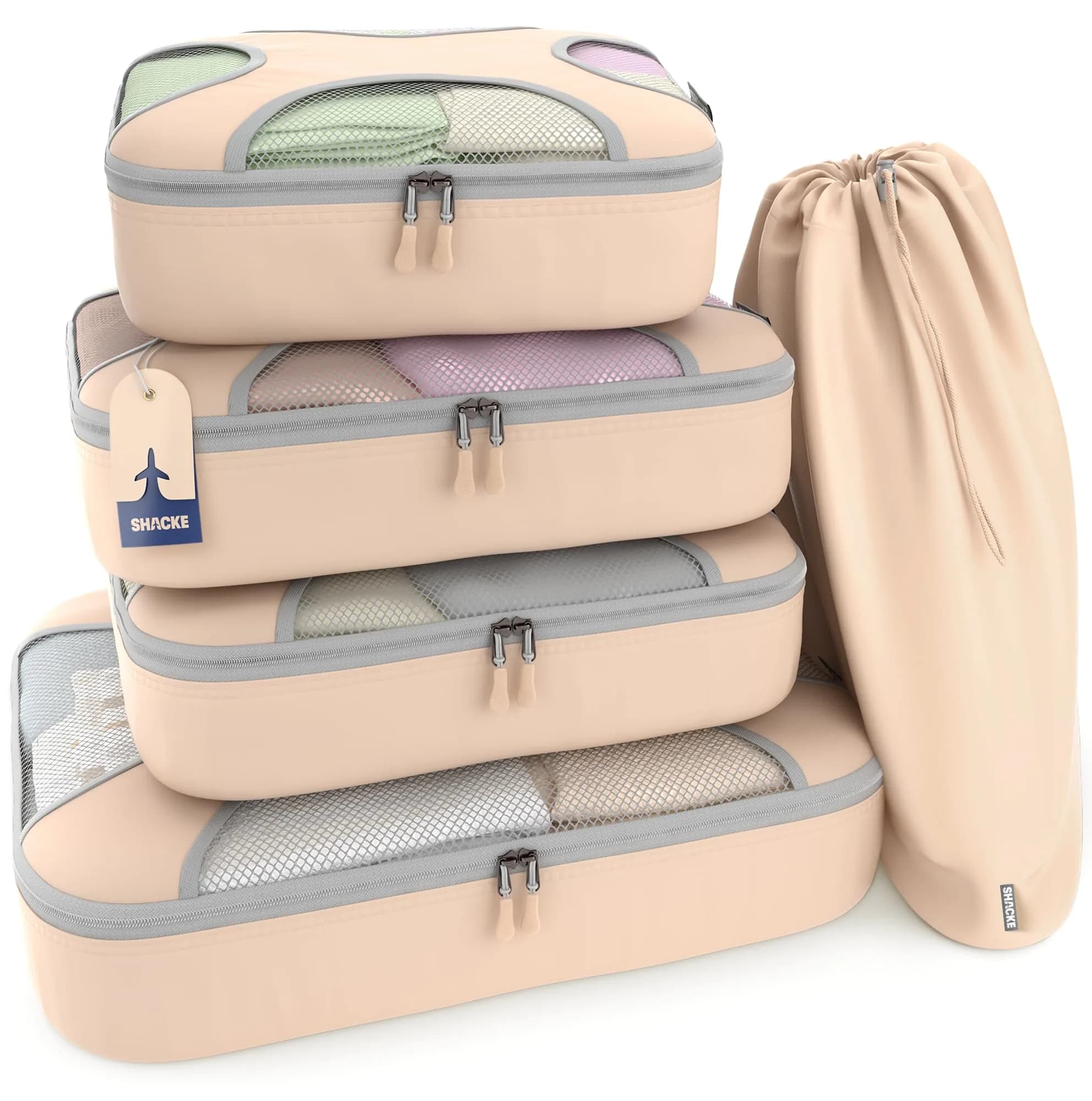 Shacke 5-Piece Packing Cubes Set in Nude Beige with Laundry Bag | Travel Luggage Organizers - main product image