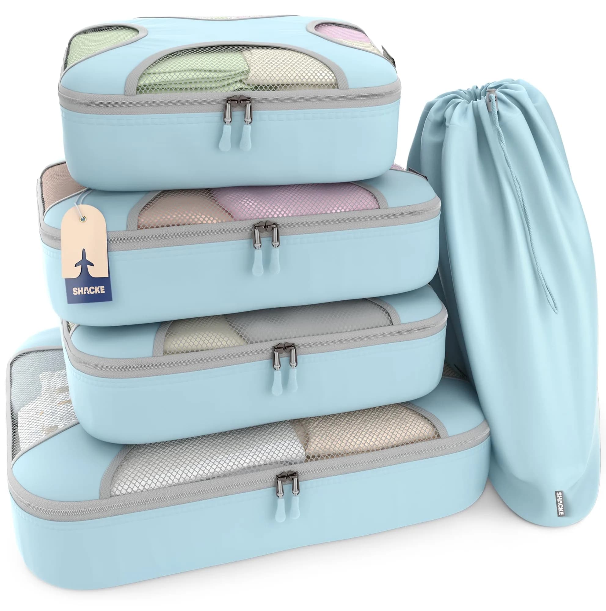 Shacke 5-Piece Packing Cube Set with Laundry Bag, Sky Blue | 4-Inch Deep Luggage Organizers for Carry-On & Checked Bags - main product image