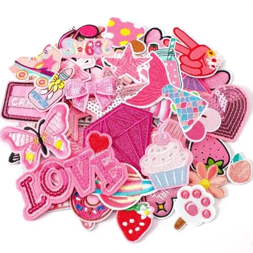 AUGSUN 60Pcs Pink Embroidered Iron-On Appliqué Patches | Retro, Hippie, Avant-Garde Styles thumbnail 1