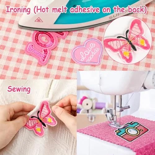 AUGSUN 60Pcs Pink Embroidered Iron-On Appliqué Patches | Retro, Hippie, Avant-Garde Styles thumbnail 4