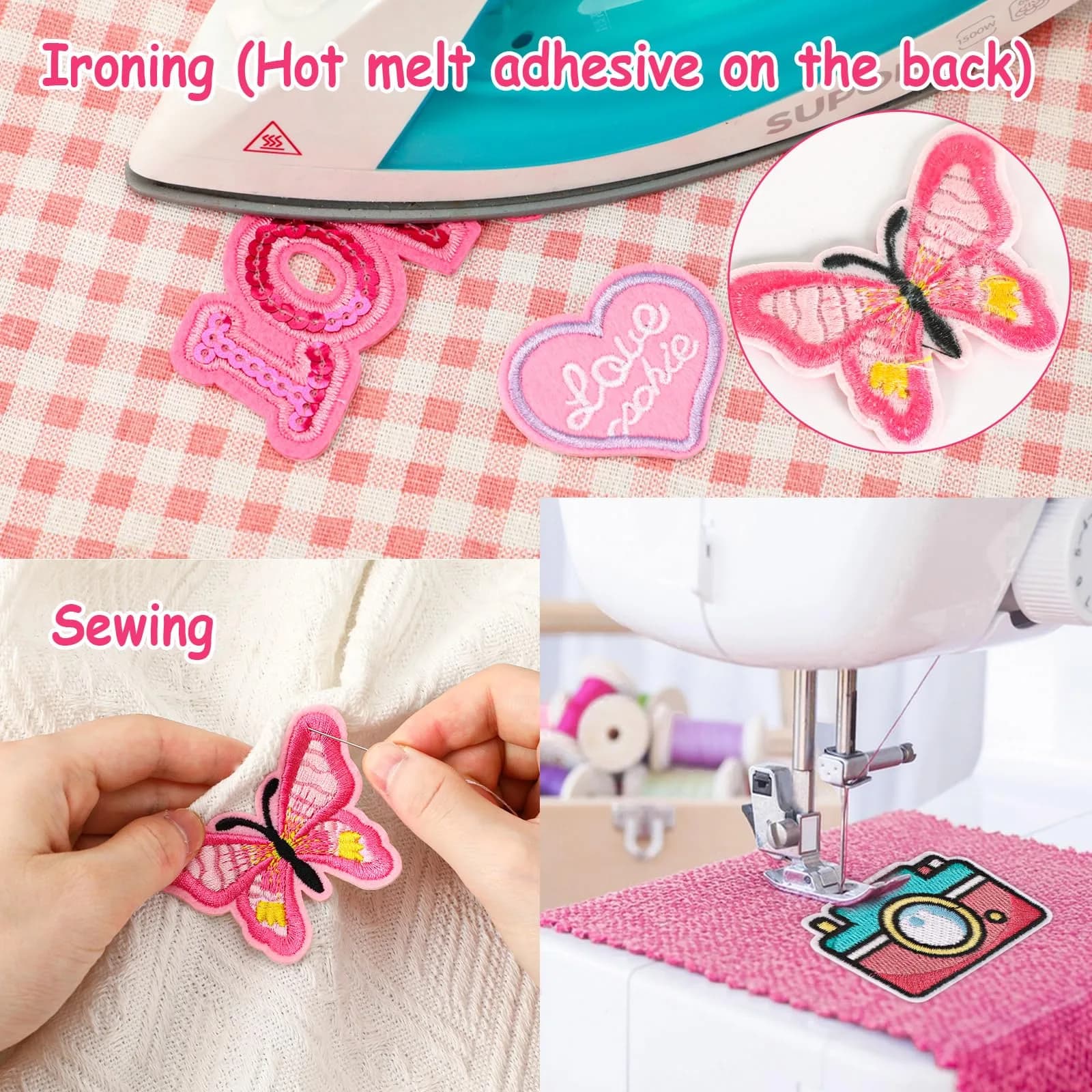 AUGSUN 60Pcs Pink Embroidered Iron-On Appliqué Patches | Retro, Hippie, Avant-Garde Styles - view 4
