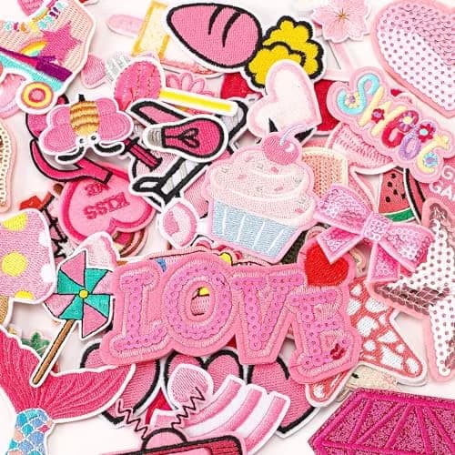 AUGSUN 60Pcs Pink Embroidered Iron-On Appliqué Patches | Retro, Hippie, Avant-Garde Styles thumbnail 5