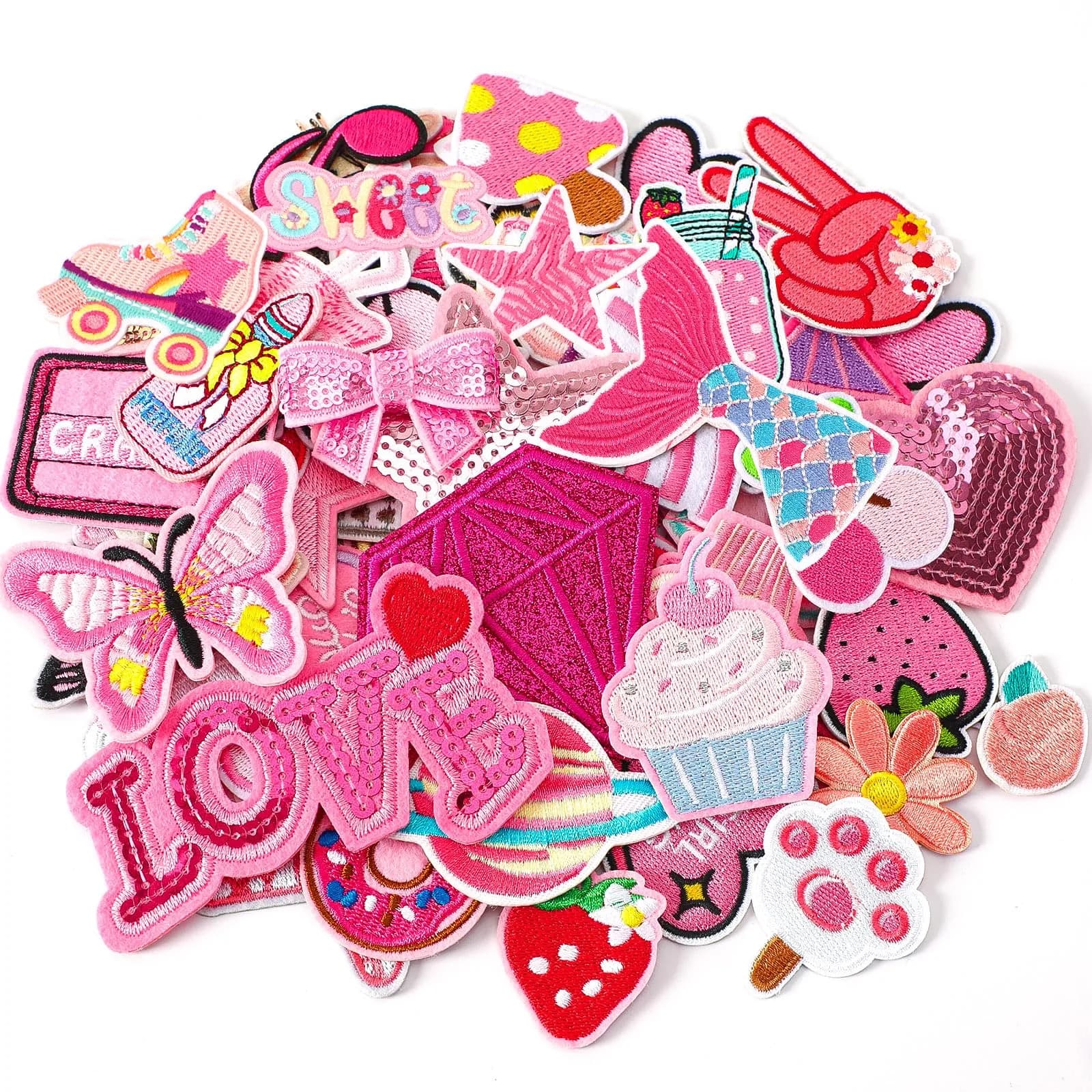 AUGSUN 60Pcs Pink Embroidered Iron-On Appliqué Patches | Retro, Hippie, Avant-Garde Styles - main product image
