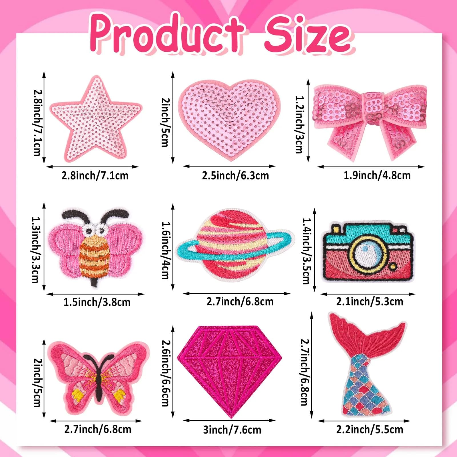 AUGSUN 60Pcs Pink Embroidered Iron-On Appliqué Patches | Retro, Hippie, Avant-Garde Styles - view 2