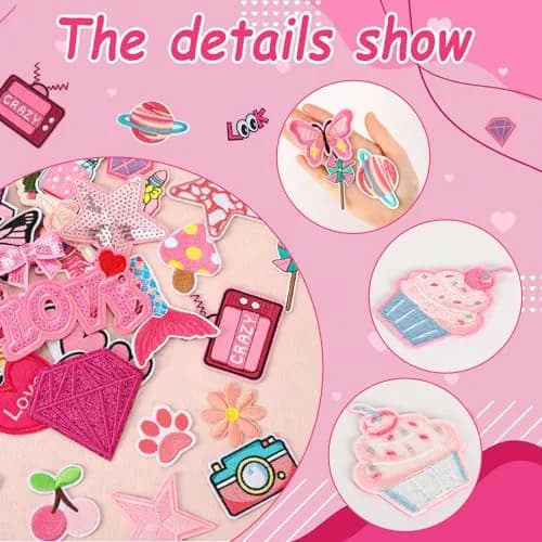 AUGSUN 60Pcs Pink Embroidered Iron-On Appliqué Patches | Retro, Hippie, Avant-Garde Styles thumbnail 3