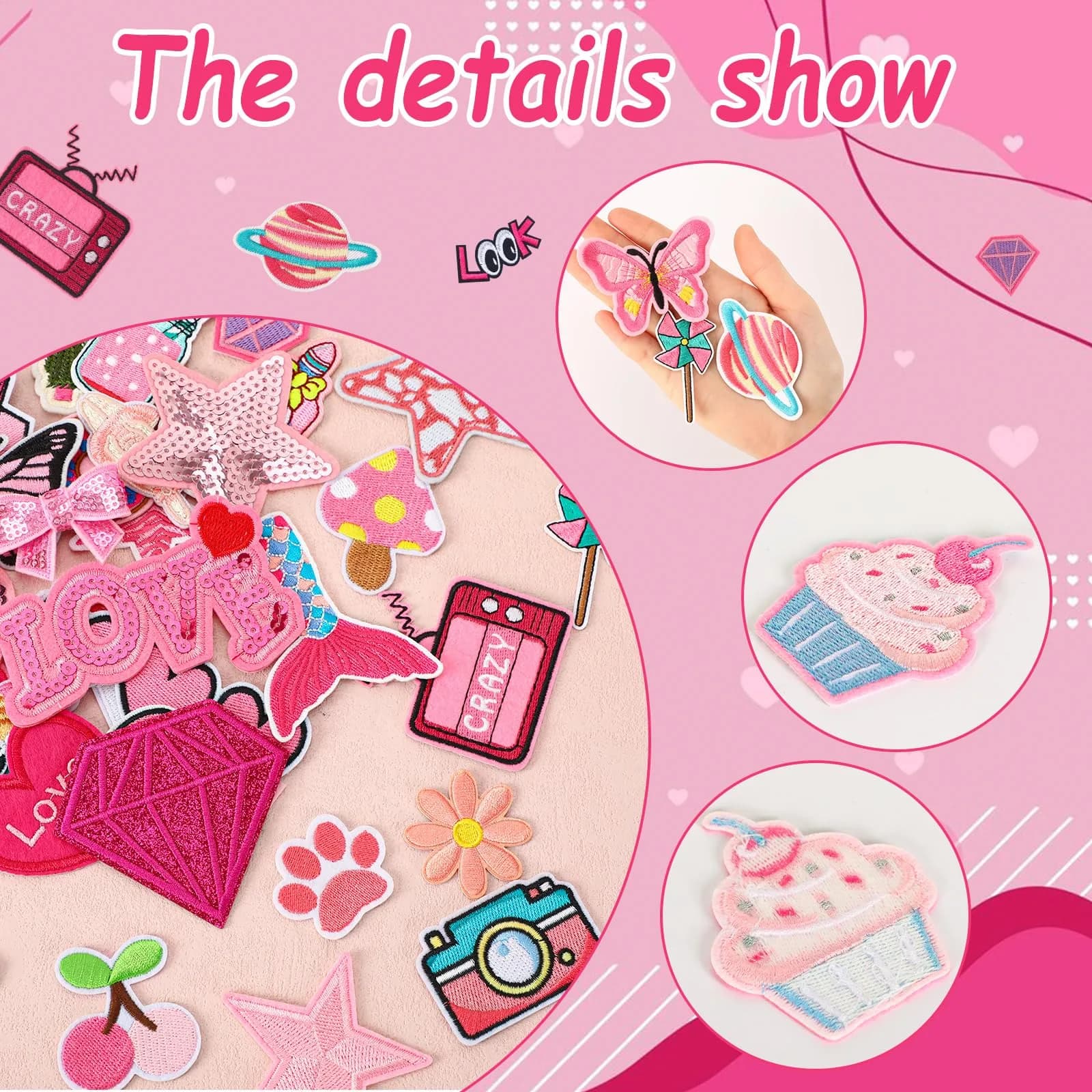 AUGSUN 60Pcs Pink Embroidered Iron-On Appliqué Patches | Retro, Hippie, Avant-Garde Styles - view 3