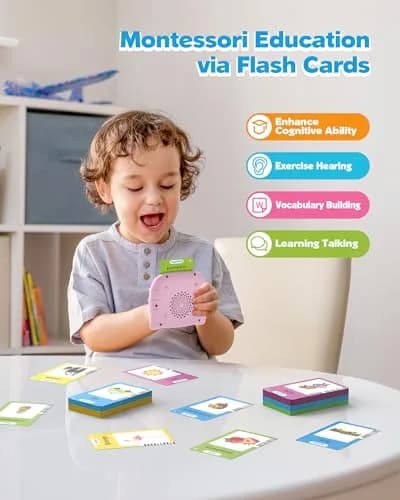 Airbition Talking Flash Cards for Toddlers Ages 1-6, 224 Words English Pink | Montessori Language Learning Toy with American Accent thumbnail 3