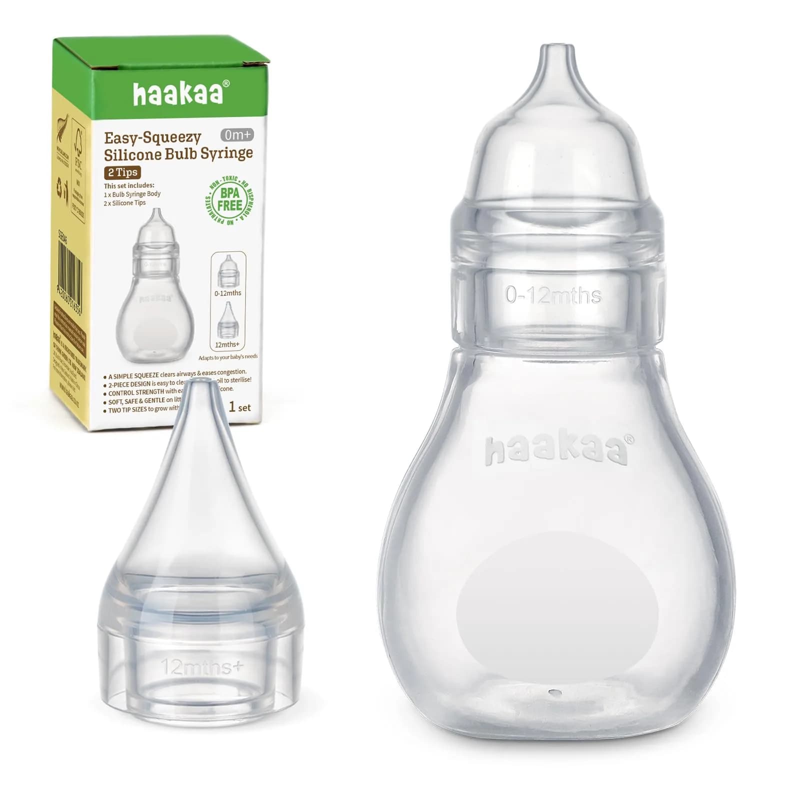 Haakaa Silicone Baby Nasal Aspirator Bulb Syringe with 2 Tips | Gentle Mucus Removal for Newborns & Toddlers