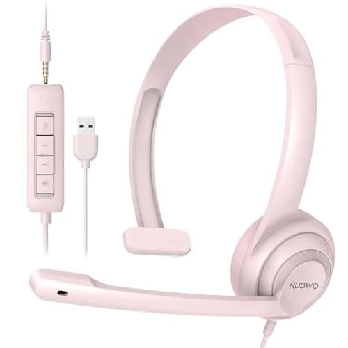 NUBWO HW02 USB Headset with Microphone Noise Cancelling & in-line Control | Ultra Comfort Wired Office Headphones (Pink) thumbnail 1