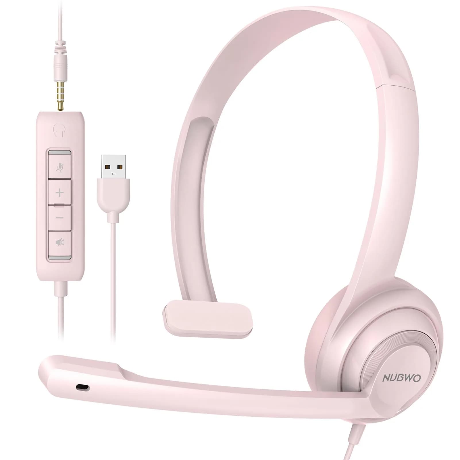 NUBWO HW02 USB Headset with Microphone Noise Cancelling & in-line Control | Lightweight Wired Office Headset for Calls & Gaming — Pink
