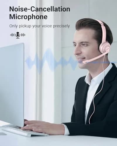 NUBWO HW02 USB Headset with Microphone Noise Cancelling & in-line Control | Ultra Comfort Wired Office Headphones (Pink) thumbnail 2