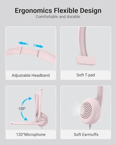 NUBWO HW02 USB Headset with Microphone Noise Cancelling & in-line Control | Ultra Comfort Wired Office Headphones (Pink) thumbnail 4