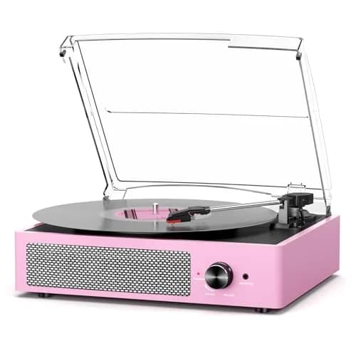 cotsoco Vinyl Record Player with 2 Stereo Speakers 3 Speed Wireless Bluetooth Pink | Retro Turntable thumbnail 1