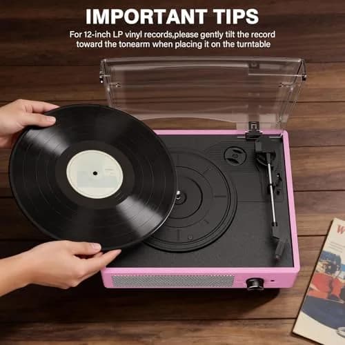 cotsoco Vinyl Record Player with 2 Stereo Speakers 3 Speed Wireless Bluetooth Pink | Retro Turntable thumbnail 5