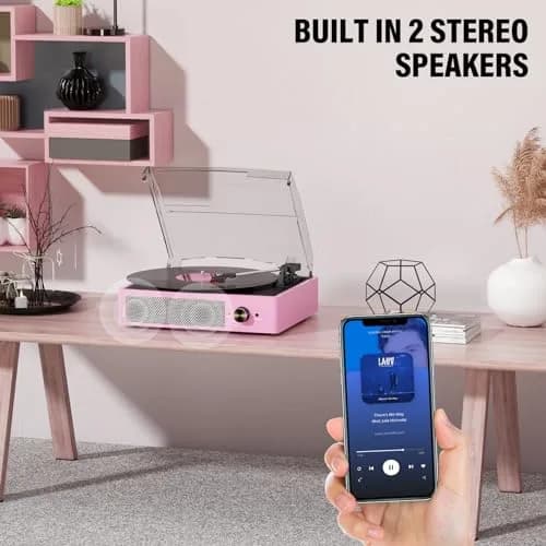 cotsoco Vinyl Record Player with 2 Stereo Speakers 3 Speed Wireless Bluetooth Pink | Retro Turntable thumbnail 6