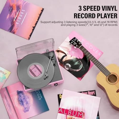 cotsoco Vinyl Record Player with 2 Stereo Speakers 3 Speed Wireless Bluetooth Pink | Retro Turntable thumbnail 7