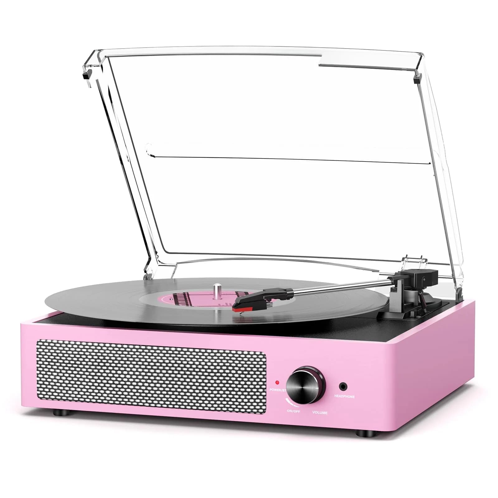 cotsoco Vinyl Record Player with 2 Stereo Speakers 3 Speed Wireless Bluetooth Pink | Retro Turntable