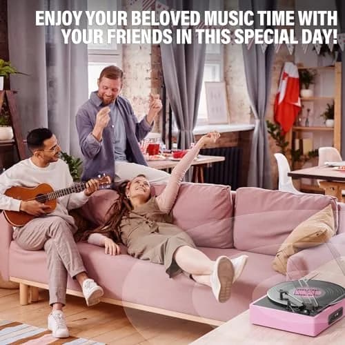 cotsoco Vinyl Record Player with 2 Stereo Speakers 3 Speed Wireless Bluetooth Pink | Retro Turntable thumbnail 8