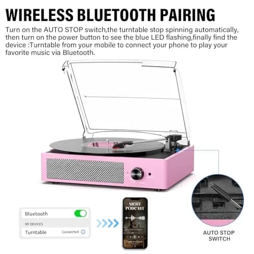 cotsoco Vinyl Record Player with 2 Stereo Speakers 3 Speed Wireless Bluetooth Pink | Retro Turntable thumbnail 3