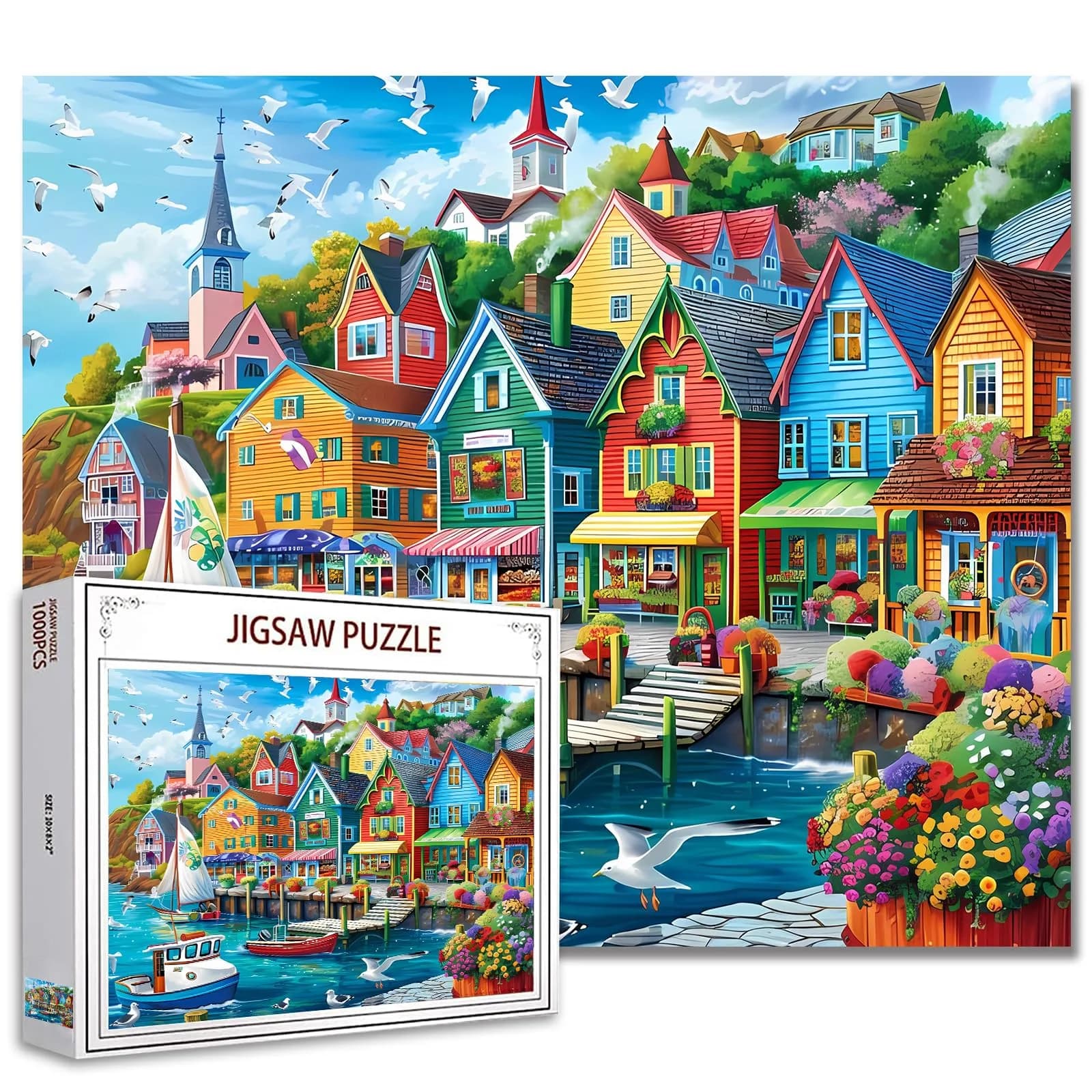 Tucocoo Colorful Seaside Town Jigsaw Puzzles 1000 Pieces for Adults 70cm x 50cm | Educational Art Puzzles for Game Nights — Street Scenery 03