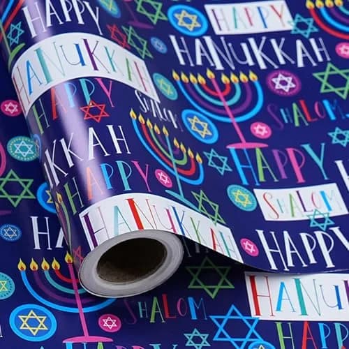 LeZakaa Hanukkah Wrapping Paper Roll, Colorful 'Happy Hanukkah' Lettering, Star of David, Candles, 17 inches x 32.8 feet | Festive Hanukkah Design thumbnail 1