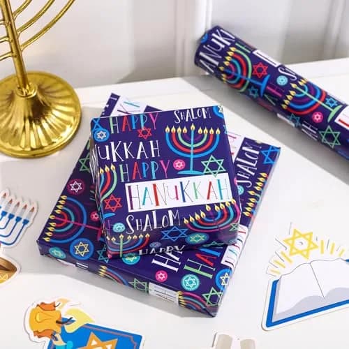 LeZakaa Hanukkah Wrapping Paper Roll, Colorful 'Happy Hanukkah' Lettering, Star of David, Candles, 17 inches x 32.8 feet | Festive Hanukkah Design thumbnail 4