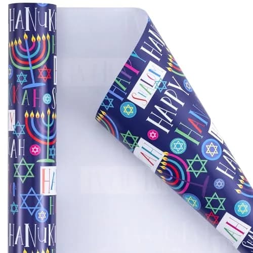 LeZakaa Hanukkah Wrapping Paper Roll, Colorful 'Happy Hanukkah' Lettering, Star of David, Candles, 17 inches x 32.8 feet | Festive Hanukkah Design thumbnail 6