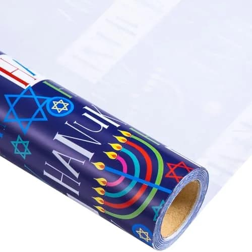 LeZakaa Hanukkah Wrapping Paper Roll, Colorful 'Happy Hanukkah' Lettering, Star of David, Candles, 17 inches x 32.8 feet | Festive Hanukkah Design thumbnail 9