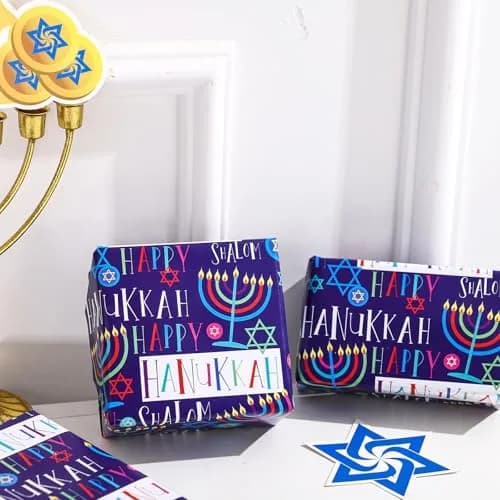 LeZakaa Hanukkah Wrapping Paper Roll, Colorful 'Happy Hanukkah' Lettering, Star of David, Candles, 17 inches x 32.8 feet | Festive Hanukkah Design thumbnail 2