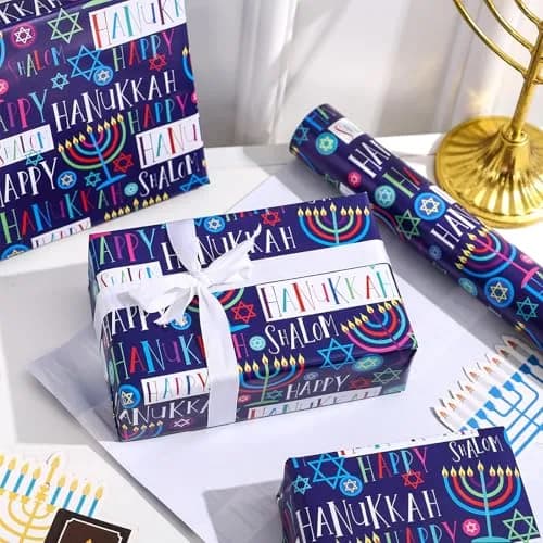 LeZakaa Hanukkah Wrapping Paper Roll, Colorful 'Happy Hanukkah' Lettering, Star of David, Candles, 17 inches x 32.8 feet | Festive Hanukkah Design thumbnail 3