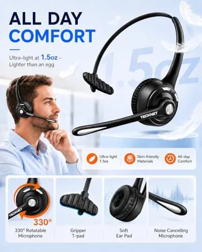 TECKNET Wireless Headset with Noise Cancelling Mic & USB Dongle | 20-Hour Battery Life thumbnail 6