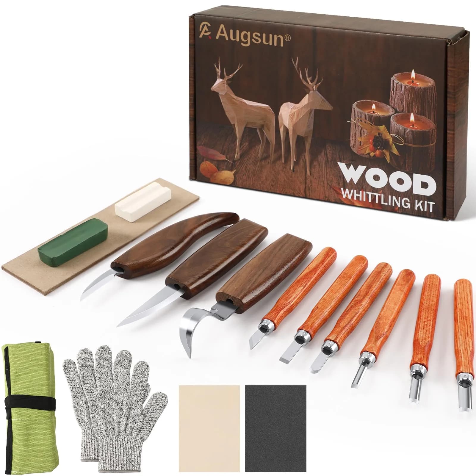 AUGSUN 17Pcs Wood Whittling Carving Tools for Beginners | Carbon Steel Blades, Ergonomic Handles, Cut-Proof Gloves Included - main product image