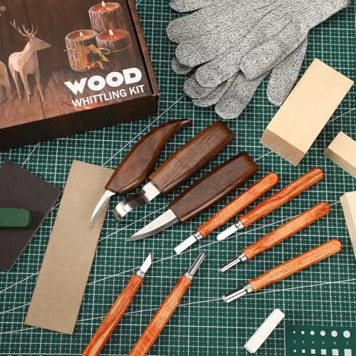 AUGSUN 17Pcs Wood Whittling Carving Tools for Beginners | Carbon Steel Blades, Ergonomic Handles, Cut-Proof Gloves Included thumbnail 4