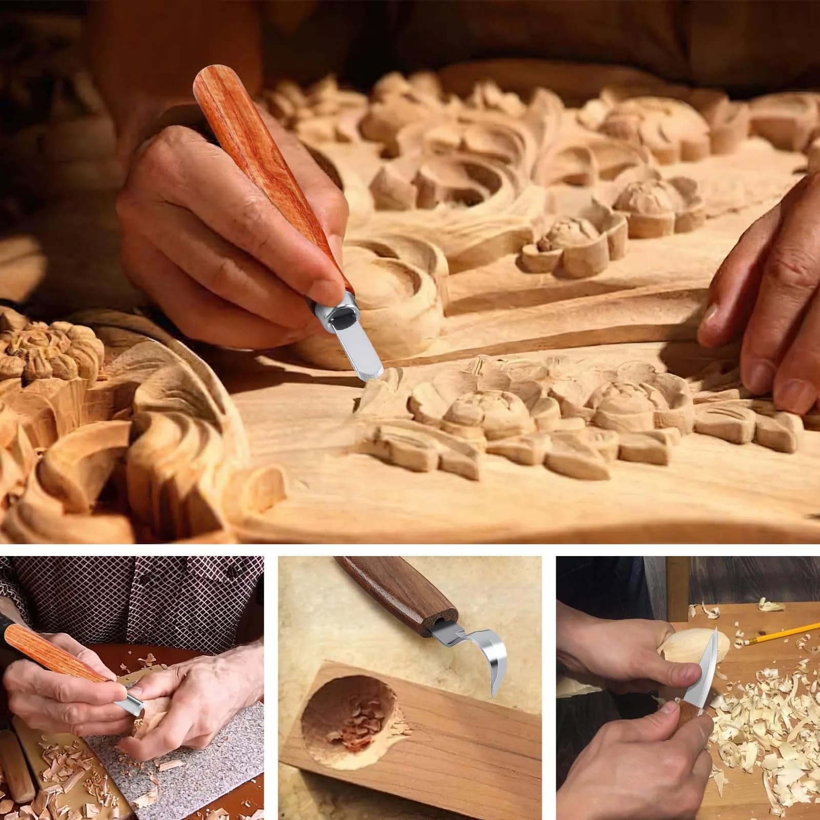 AUGSUN 17Pcs Wood Whittling Carving Tools for Beginners | Carbon Steel Blades, Ergonomic Handles, Cut-Proof Gloves Included - view 6
