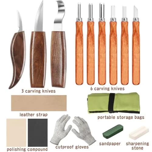 AUGSUN 17Pcs Wood Whittling Carving Tools for Beginners | Carbon Steel Blades, Ergonomic Handles, Cut-Proof Gloves Included thumbnail 2