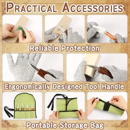 AUGSUN 17Pcs Wood Whittling Carving Tools for Beginners | Carbon Steel Blades, Ergonomic Handles, Cut-Proof Gloves Included thumbnail 3