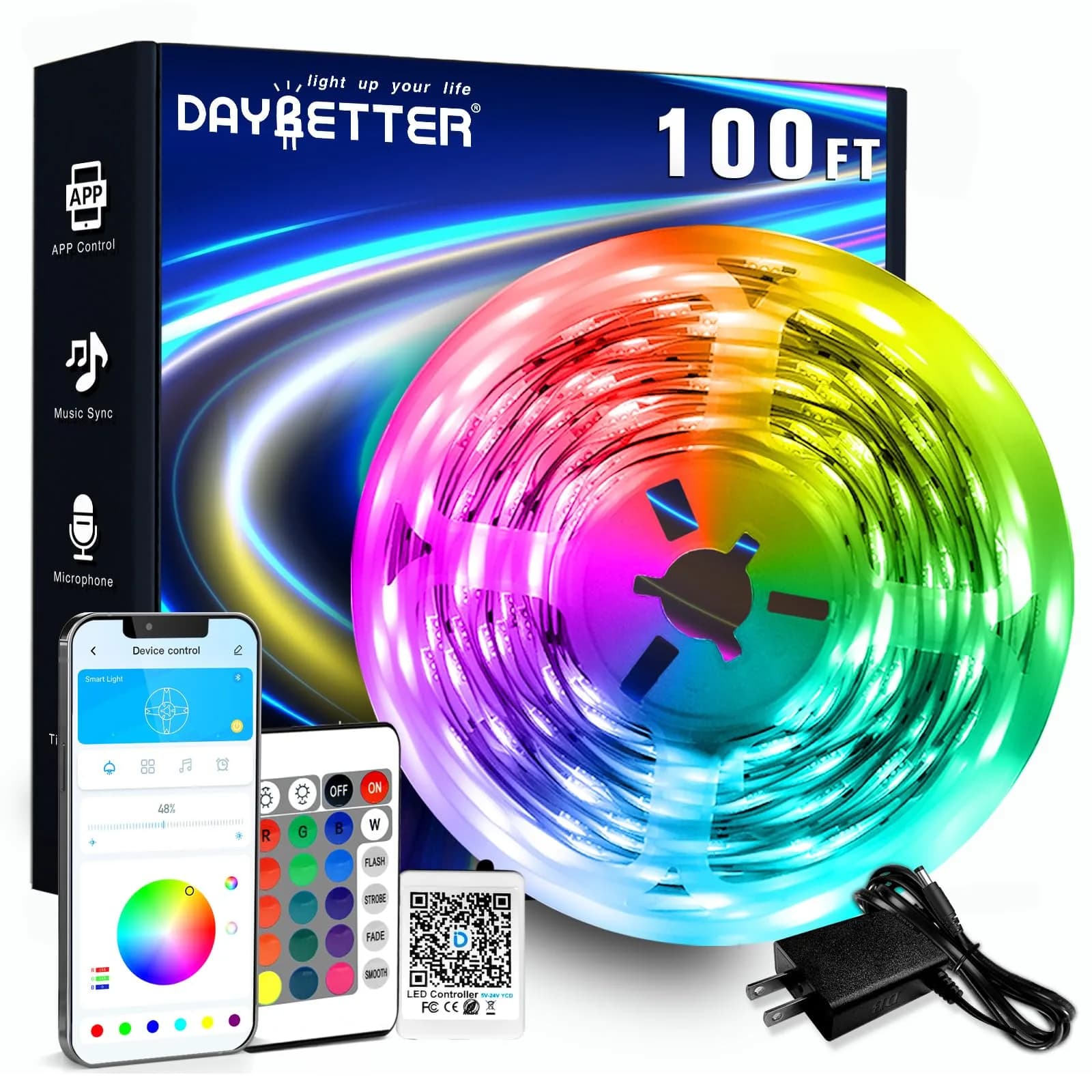 DAYBETTER RGB LED Strip Lights 30.48m (100ft) | Smart App & Remote Control for Bedroom Decor