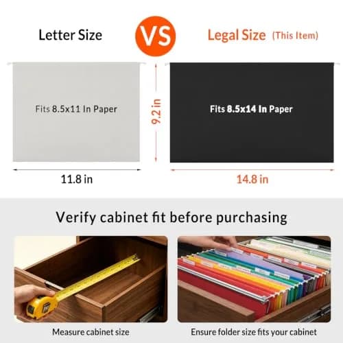 SUNEE Legal Size Hanging File Folders 25 Pack | Durable, Black, 1/5-Cut Tabs for Office & Home thumbnail 6