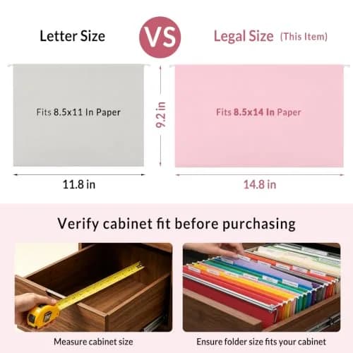 SUNEE Legal Size Hanging File Folders 9.2"x14.8" Pink 25 Pack 1/5-Cut Tabs | Stay Organized for Home and Office thumbnail 6