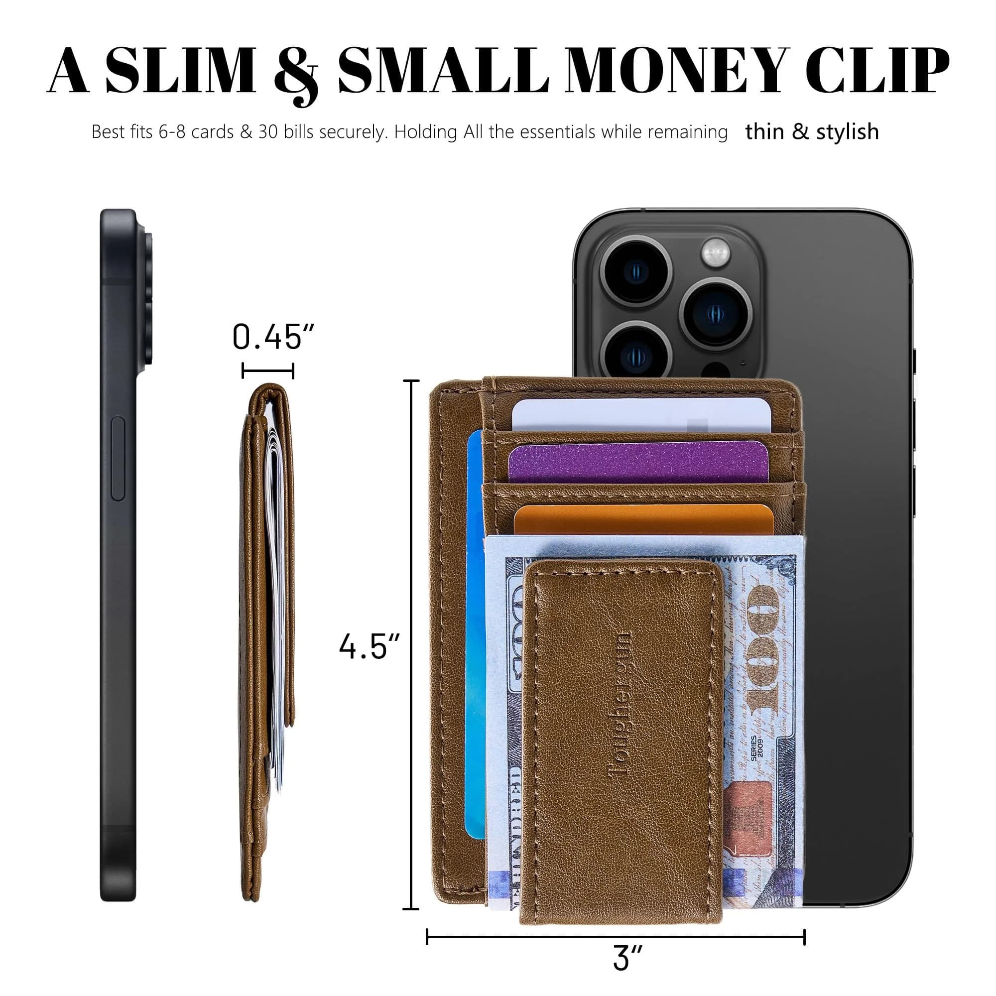 Toughergun Slim Wallet for Men RFID Blocking Money Clip, Minimalist Front Pocket Credit Card Holder, Magnetic Thin Mens Wallets with ID Window (Wax Brown) - view 7