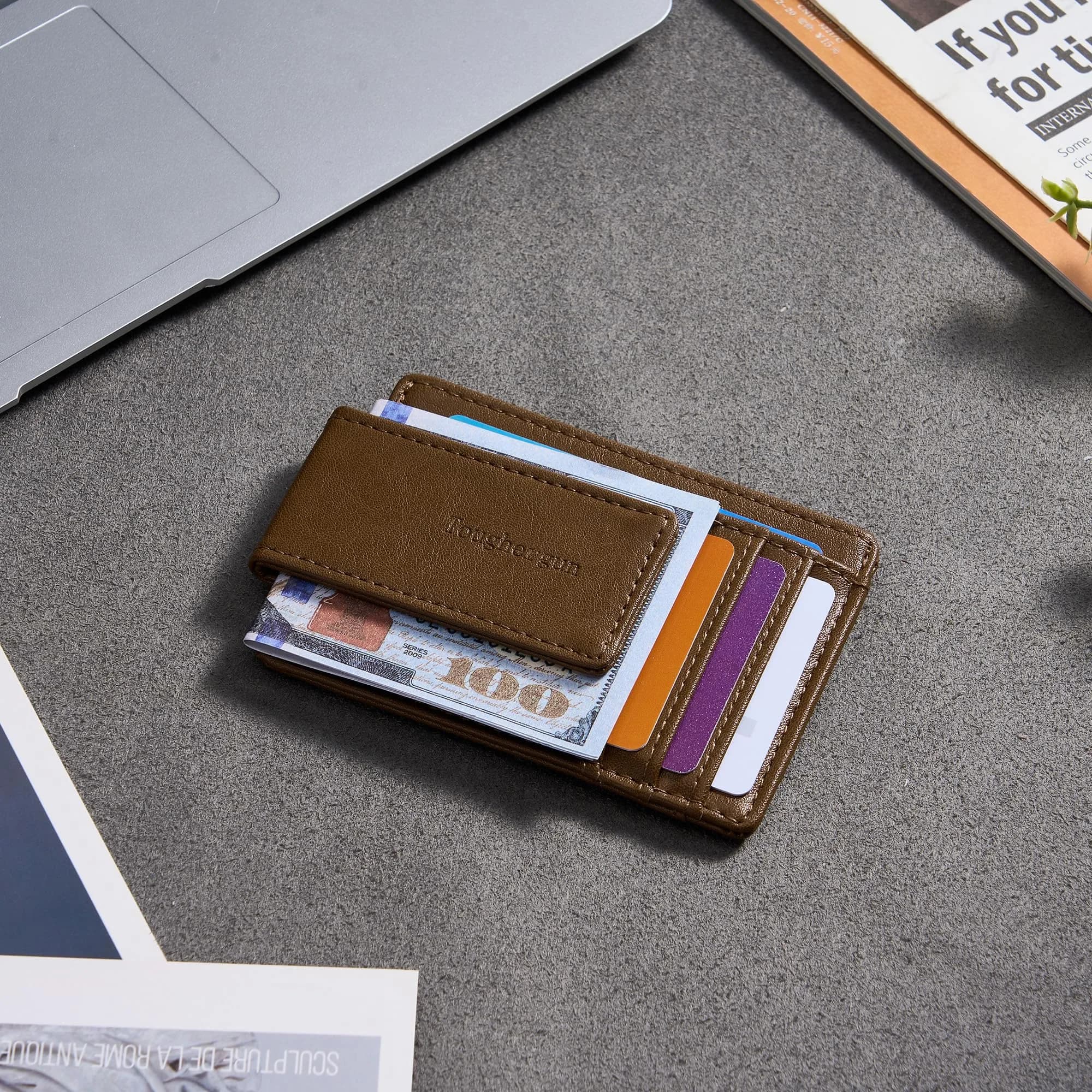 Toughergun Slim Wallet for Men RFID Blocking Money Clip, Minimalist Front Pocket Credit Card Holder, Magnetic Thin Mens Wallets with ID Window (Wax Brown) - view 3