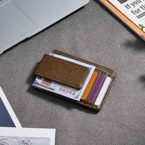 Toughergun Slim Wallet for Men RFID Blocking Money Clip, Minimalist Front Pocket Credit Card Holder, Magnetic Thin Mens Wallets with ID Window (Wax Brown) thumbnail 3