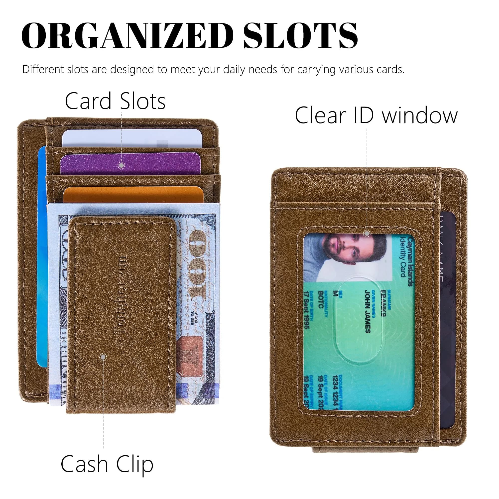 Toughergun Slim Wallet for Men RFID Blocking Money Clip, Minimalist Front Pocket Credit Card Holder, Magnetic Thin Mens Wallets with ID Window (Wax Brown) - view 4