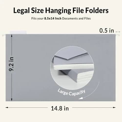 SUNEE Legal Size Hanging File Folders (9.2"x14.8") | 25 Pack, Gray, 1/5-Cut Tabs, Durable Office & Home Organization thumbnail 2