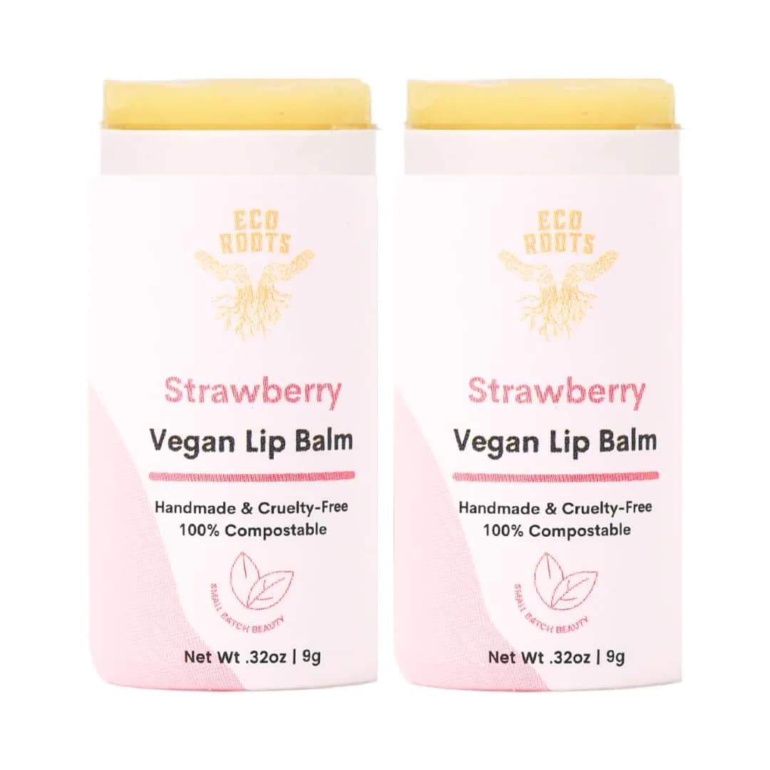 ECO ROOTS Strawberry Scented Lip Balm 2 Pack | Vegan & Organic, Cruelty-Free, Compostable Packaging