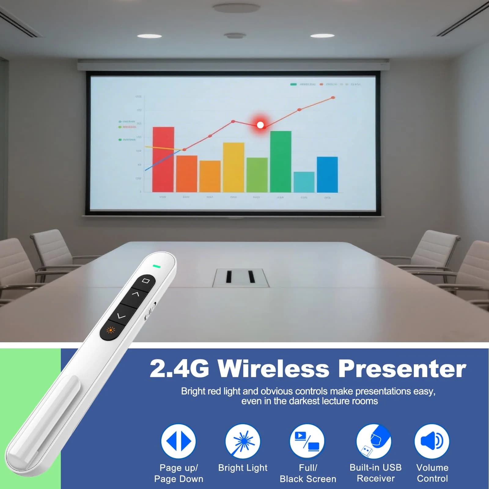 QUI White Presentation Clicker for PowerPoint - USB-C Wireless Presenter Remote with Red Laser & Volume Control | Plug & Play Slide Advancer for Mac, Windows - view 2