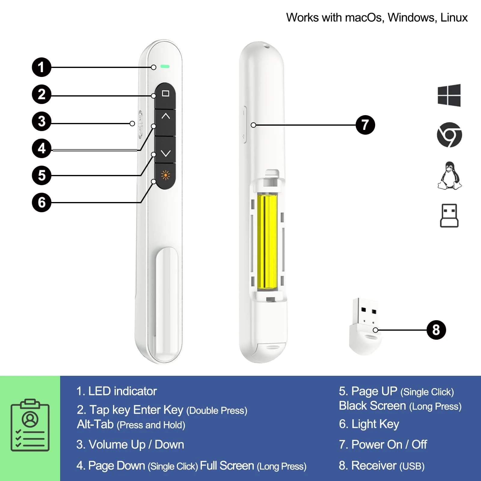 QUI White Presentation Clicker for PowerPoint - USB-C Wireless Presenter Remote with Red Laser & Volume Control | Plug & Play Slide Advancer for Mac, Windows - view 3