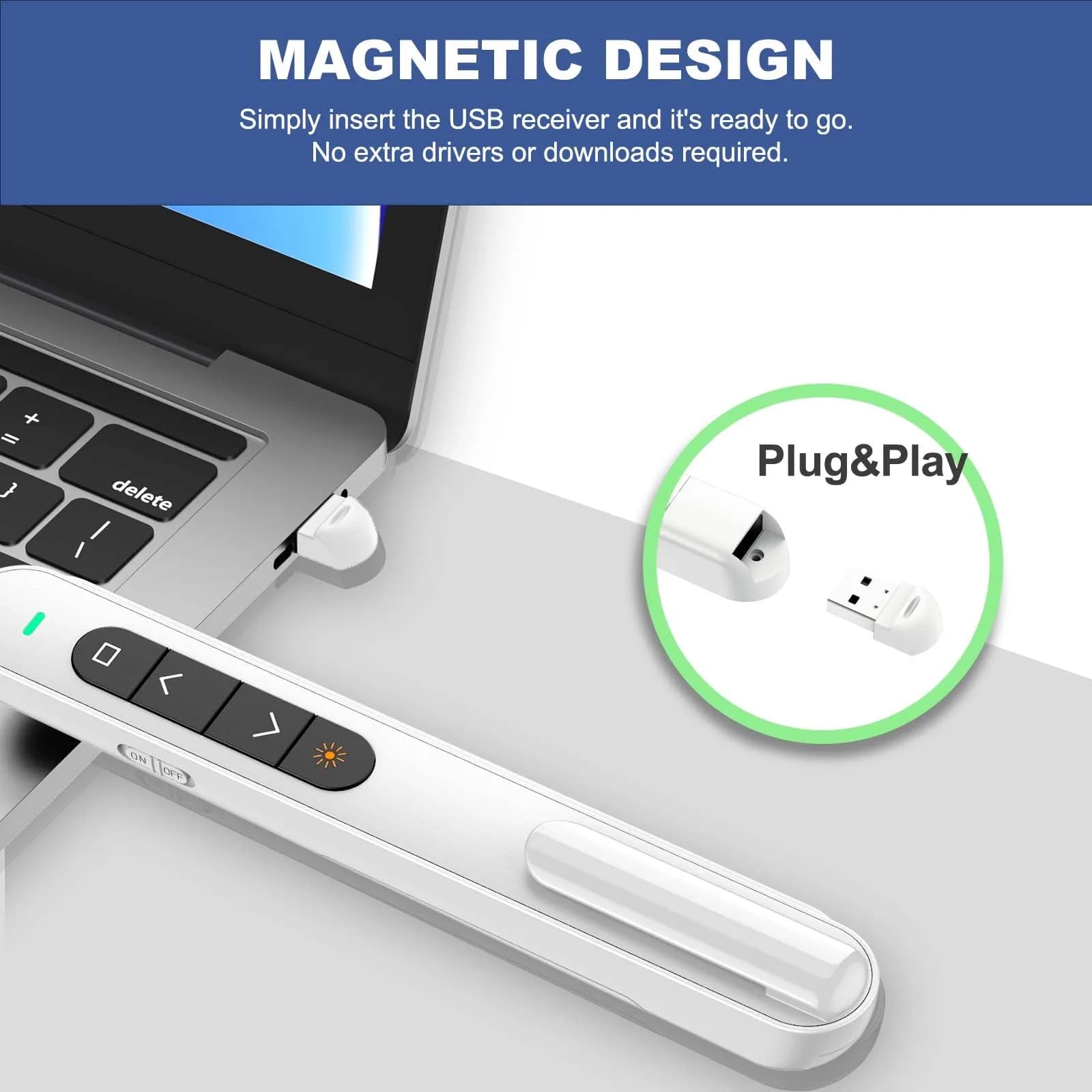 QUI White Presentation Clicker for PowerPoint - USB-C Wireless Presenter Remote with Red Laser & Volume Control | Plug & Play Slide Advancer for Mac, Windows - view 4