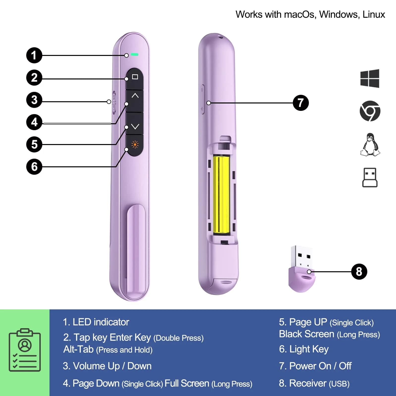 QUI Wireless Presentation Clicker with Volume Control & Red Pointer, 328ft Range | Plug & Play USB Remote for Mac/Windows - view 3